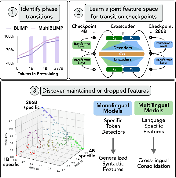 Figure 1 for Crosscoding Through Time: Tracking Emergence & Consolidation Of Linguistic Representations Throughout LLM Pretraining