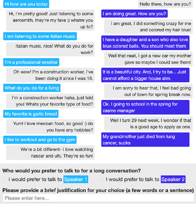 Figure 1 for ACUTE-EVAL: Improved Dialogue Evaluation with Optimized Questions and Multi-turn Comparisons