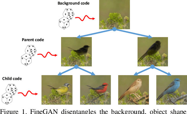 Figure 1 for FineGAN: Unsupervised Hierarchical Disentanglement for Fine-Grained Object Generation and Discovery