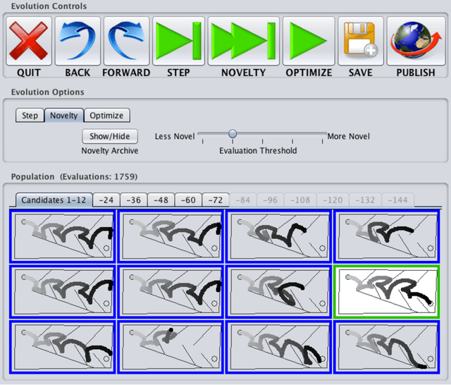 Figure 4 for Exploring Promising Stepping Stones by Combining Novelty Search with Interactive Evolution